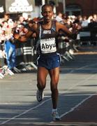 29 October 2007; Thomas Abyu, from Great Britian, celebrates as he crosses the line in second position during the adidas Dublin City Marathon 2007, Merrion Square, Dublin. Picture credit: Stephen McCarthy / SPORTSFILE