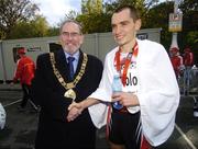 29 October 2007; Lord Mayor of Dublin Cllr. Paddy Bourke P.C. congratulates Aleksey Sokolov, from Russia, after winning the adidas Dublin City Marathon 2007, Merrion Square, Dublin. Picture credit: Stephen McCarthy / SPORTSFILE