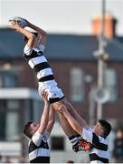 3 February 2015; Jake McComish, centre, Belvedere College, is lifted by team-mates Johnny Bell, left, and Luan McGrath during a lineout. Bank of Ireland Leinster Schools Junior Cup, 1st Round, Belvedere College v St Gerard's School, Donnybrook Stadium, Donnybrook, Dublin. Picture credit: Barry Cregg / SPORTSFILE