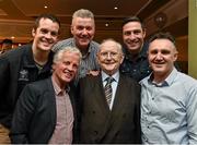 2 February 2015; Broadcaster and journalist Jimmy 'The Memory Man' Magee with boxers who between them hold 40 national boxing titles, from left to right, Darren O'Neill, 5, Mick Dowling, 8, Jim O'Sullivan, 10, Kenny Egan, 10, and Billy Walsh, 7, who joined him to celebrate his 80th birthday at a party in the Goat Bar & Restaurant, Goatstown, Dublin. Picture credit: Ray McManus / SPORTSFILE