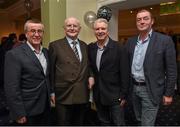 2 February 2015; Broadcaster and journalist Jimmy 'The Memory Man' Magee with Sean McGoldrick, Sports Journalist, Sunday World, left, Eddie Rowley, Showbiz Correspondent, Sunday World, and Eamon Gibson, Sports Editor at Sunday World, as he celebrates his 80th birthday at a party in the Goat Bar & Restaurant, Goatstown, Dublin.  Picture credit: Ray McManus / SPORTSFILE