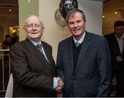 2 February 2015; Broadcaster and journalist Jimmy 'The Memory Man' Magee with RTÉ  Gaelic Games Correspondent / Commentator Brian Carthy as he celebrates his 80th birthday at a party in the Goat Bar & Restaurant, Goatstown, Dublin.  Picture credit: Ray McManus / SPORTSFILE
