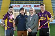 4 February 2015; Denis Herlihy, Commercial Manager Glanbia Agri / Gain Feeds, with Wexford hurlers Eoin Malone, left, and Paul Morris, right, and team manager Liam Dunne during the Wexford GAA 2015 Glanbia Agri / Gain sponsorship launch. Wexford Park, Wexford. Picture credit: Matt Browne / SPORTSFILE