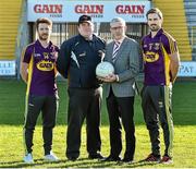 4 February 2015; Denis Herlihy, Commercial Manager Glanbia Agri / Gain Feeds, with Wexford footballers Ben Brosnan, left, Brian Malone, right, and team manager David Power during the Wexford GAA 2015 Glanbia Agri / Gain sponsorship launch. Wexford Park, Wexford. Picture credit: Matt Browne / SPORTSFILE