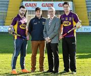 4 February 2015; Denis Herlihy, Commercial Manager Glanbia Agri / Gain Feeds, with Wexford hurlers Eoin Malone, left, Paul Morris, right, and team manager Liam Dunne during the Wexford GAA 2015 Glanbia Agri / Gain sponsorship launch. Wexford Park, Wexford. Picture credit: Matt Browne / SPORTSFILE