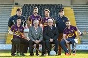 4 February 2015; Denis Herlihy, Commercial Manager Glanbia Agri / Gain Feeds, and Diarmuid Devereux, Chairman of the Wexford County Board, with back row, from left, Wexford football manager David Power, footballer's Brain Malone and Ben Brosnan, hurling manager Liam Dunne; front row, Wexford hurler's Paul Morris, left, and Eoin Moore, during the Wexford GAA 2015 Glanbia Agri / Gain sponsorship launch. Wexford Park, Wexford. Picture credit: Matt Browne / SPORTSFILE