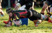 4 February 2015; John Taylor, Ardscoil Rís, scores his side's second try. SEAT Munster Schools Junior Cup, Round 1, St Munchin's College v Ardscoil Rís. St Mary's RFC, Limerick. Picture credit: Diarmuid Greene / SPORTSFILE