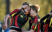 4 February 2015; John Taylor, Ardscoil Rís, left, is congratulated by team-mate Cian O'Rahilly after scoring his side's second try. SEAT Munster Schools Junior Cup, Round 1, St Munchin's College v Ardscoil Rís. St Mary's RFC, Limerick. Picture credit: Diarmuid Greene / SPORTSFILE
