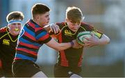 4 February 2015; Glen Clancy, Ardscoil Rís, is tackled by Shane Ryan, St Munchin's College. SEAT Munster Schools Junior Cup, Round 1, St Munchin's College v Ardscoil Rís. St Mary's RFC, Limerick. Picture credit: Diarmuid Greene / SPORTSFILE