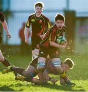 4 February 2015; Cameron Crowe, Ardscoil Rís, is tackled by Mark Crowe, St Munchin's College. SEAT Munster Schools Junior Cup, Round 1, St Munchin's College v Ardscoil Rís. St Mary's RFC, Limerick. Picture credit: Diarmuid Greene / SPORTSFILE