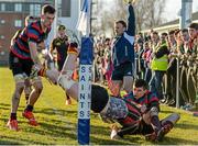4 February 2015; Glen Clancy, Ardscoil Rís, is tackled by Shane Murphy, right, and Shane Kelly, St Munchin's College. SEAT Munster Schools Junior Cup, Round 1, St Munchin's College v Ardscoil Rís. St Mary's RFC, Limerick. Picture credit: Diarmuid Greene / SPORTSFILE