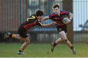 4 February 2015; Killian Markham, St Munchin's College, is tackled by Aaron Walshe, Ardscoil Rís. SEAT Munster Schools Junior Cup, Round 1, St Munchin's College v Ardscoil Rís. St Mary's RFC, Limerick. Picture credit: Diarmuid Greene / SPORTSFILE