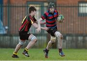 4 February 2015; Paddy Kelly, St Munchin's College, is tackled by Niall O'Donoghue, Ardscoil Rís. SEAT Munster Schools Junior Cup, Round 1, St Munchin's College v Ardscoil Rís. St Mary's RFC, Limerick. Picture credit: Diarmuid Greene / SPORTSFILE