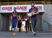 4 February 2015; Wexford players, from left, Eoin Moore, Paul Morris, Brian Malone and Ben Brosnan during the Wexford GAA 2015 Glanbia Agri / Gain sponsorship launch. Wexford Park, Wexford. Picture credit: Matt Browne / SPORTSFILE