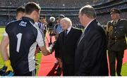 22 September 2013; The President of Ireland Michael D. Higgins is introduced to Dublin captain Stephen Cluxton by Uachtarán Chumann Lúthchleas Gael Liam Ó Néill. GAA Football All-Ireland Senior Championship Final, Dublin v Mayo, Croke Park, Dublin. Picture credit: Ray McManus / SPORTSFILE