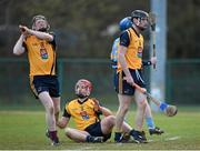 5 February 2015; DCU players Dan Staunton, left, Gavin Bailley, centre, and Killian Fitzgerald react after Oisin O Ruairc, UCD, partially hidden, scored the first goal of the game. Independent.ie Fitzgibbon Cup, Group A, Round 2, UCD v DCU. University College Dublin, Dublin. Picture credit: Pat Murphy / SPORTSFILE