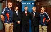 2 November 2007; At the announcement of Bank of Ireland as the Official Bank to Munster Rugby are, from left, Mick O'Driscoll, Garrett Fitzgerald, CEO, Munster Rugby, Tim O'Neill, Director, Branch Network, Bank of Ireland, Gerry O'Loughlin, President, Munster Branch and Peter Stringer. Jacobs on the Mall, South Mall, Co. Cork. Picture credit: Brendan Moran / SPORTSFILE