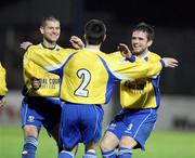 7 November 2007; Darren King, Newry City, 2, celebrates with team-mates Paddy McLaughlin, left, and Cullen Feeney after scoring his sides first goal. CIS Insurance Cup semi-final, Linfield v Newry City, Mourneview Park, Lurgan, Co. Armagh. Picture credit; Oliver McVeigh / SPORTSFILE