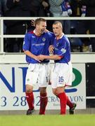 7 November 2007; Peter Thompson, Linfield, left, celebrates with team-mate Aidan O'Kane after scoring his side's equalising goal. CIS Insurance Cup semi-final, Linfield v Newry City, Mourneview Park, Lurgan, Co. Armagh. Picture credit; Oliver McVeigh / SPORTSFILE