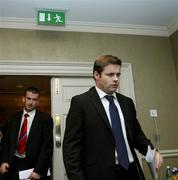 9 November 2007; Donal Og Cusack, Chairman, Gaelic Players Association, and Dessie Farrell, GPA Chief Executive, arrive for a press conference to announce the outcome of a ballot of the Association's members. Westin Hotel, College Green, Dublin. Picture credit; Ray McManus / SPORTSFILE