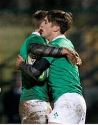 6 February 2015; Jack Owens, right, Ireland, celebrates with team-mate Greg O'Shea after scoring his side's try. U20's Six Nations Rugby Championship, Italy v Ireland, Stadio Pozzi Lamarmora, Biella, Italy. Picture credit: Roberto Bregani / SPORTSFILE