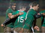 6 February 2015; Ireland players, including  Billy Dardis, 15, celebrate after the game. U20's Six Nations Rugby Championship, Italy v Ireland, Stadio Pozzi Lamarmora, Biella, Italy. Picture credit: Roberto Bregani / SPORTSFILE