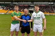 7 February 2015; Gort captain Sean Forde and Ballyhale Shamrocks captain TJ Reid exchange a handshake in the company of referee Johnny Ryan before the game. AIB GAA Hurling All-Ireland Senior Club Championship Semi-Final, Gort v Ballyhale Shamrocks. O’Connor Park, Tullamore, Co. Offaly. Picture credit: Diarmuid Greene / SPORTSFILE