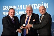 6 February 2015; Fergal McCormack, St. Peters Club, Warrenpoint, Co. Down, is presented with his GAA President's Award for 2015 by Uachtarán Chumann Lúthchleas Gael Liam Ó Néill, left, and Denis O’ Callaghan, Head of AIB Branch Banking. Croke Park, Dublin Photo by Sportsfile