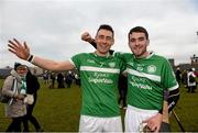 7 February 2015; Kevin O'Donnell, left, and Conor Barry, Kilmallock, celebrate after the game. AIB GAA Hurling All-Ireland Senior Club Championship, Semi- Final, Kilmallock v St Patrick's GAC, Portaferry, Cusack Park, Mullingar, Co. Westmeath. Photo by Sportsfile