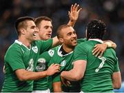 7 February 2015; Tommy O'Donnell, right, is congratulated by his Ireland team-mates, from left, Conor Murray, Tommy Bowe and Simon Zebo after scoring his side's second try. RBS Six Nations Rugby Championship, Italy v Ireland. Stadio Olimpico, Rome, Italy. Picture credit: Stephen McCarthy / SPORTSFILE
