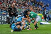 7 February 2015; Conor Murray, Ireland, is tackled into touch by Luke McLean and Edoardo Gori, Italy. RBS Six Nations Rugby Championship, Italy v Ireland. Stadio Olimpico, Rome, Italy. Picture credit: Brendan Moran / SPORTSFILE