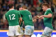 7 February 2015; Ireland's Tommy O'Donnell, 2nd left, is congratulated by team-mates Robbie Henshaw, left, Simon Zebo and Jordi Murphy on scoring their side's second try against Italy. RBS Six Nations Rugby Championship, Italy v Ireland. Stadio Olimpico, Rome, Italy. Picture credit: Brendan Moran / SPORTSFILE