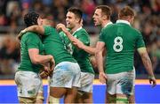 7 February 2015; Ireland's Tommy O'Donnell, left, is congratulated by team-mates Simon Zebo, Conor Murray and Tommy Bowe on scoring their side's second try against Italy. RBS Six Nations Rugby Championship, Italy v Ireland. Stadio Olimpico, Rome, Italy. Picture credit: Brendan Moran / SPORTSFILE