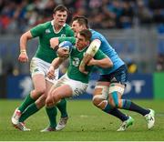 7 February 2015; Ian Keatley, Ireland, is tackled by Alessandro Zanni, Italy. RBS Six Nations Rugby Championship, Italy v Ireland. Stadio Olimpico, Rome, Italy. Picture credit: Stephen McCarthy / SPORTSFILE