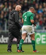7 February 2015; Rory Best, Ireland, leaves the field accompanied by Dr. Eanna Falvey, team doctor. RBS Six Nations Rugby Championship, Italy v Ireland. Stadio Olimpico, Rome, Italy. Picture credit: Stephen McCarthy / SPORTSFILE