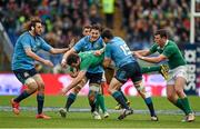 7 February 2015; Jareed Payne, Ireland, is tackled by Alessandro Zanni and Andrea Masi, right, Italy. RBS Six Nations Rugby Championship, Italy v Ireland. Stadio Olimpico, Rome, Italy. Picture credit: Brendan Moran / SPORTSFILE