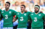 7 February 2015; Ireland out-half Ian Keatley lines up alongside team-mates Conor Murray, left, and Martin Moore for the national anthems before the game. RBS Six Nations Rugby Championship, Italy v Ireland. Stadio Olimpico, Rome, Italy. Picture credit: Brendan Moran / SPORTSFILE