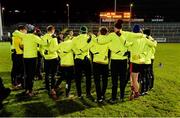 7 February 2015; The  Down squad in a pre match  huddle during the warm up as Manager Jim McCorry talks to them . Allianz Football League, Division 2, Round 2, Down v Roscommon. Páirc Esler, Newry, Co. Down. Picture credit: Oliver McVeigh / SPORTSFILE