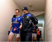7 February 2015; Liam McHale, Cavan player performance coach has aword with James Finn on the way out for the start of the second half. Allianz Football League, Division 2, Round 2, Laois v Cavan. O'Moore Park, Portlaoise, Co. Laois. Picture credit: Matt Browne / SPORTSFILE