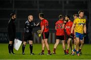 7 February 2015; Referee Barry Cassidy, speaks to Mark Poland, Down before sending him off. Allianz Football League, Division 2, Round 2, Down v Roscommon. Páirc Esler, Newry, Co. Down. Picture credit: Oliver McVeigh / SPORTSFILE
