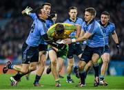 7 February 2015; Hugh McFadden, Donegal, in action against Denis Bastick, Cormac Costello and Eoghan O'Gara, Dublin. Allianz Football League, Division 1, Round 2, Dublin v Donegal. Croke Park, Dublin. Picture credit: Ray McManus / SPORTSFILE