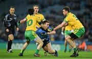 7 February 2015; Referee maurice Deegan looks on as Dublin corner forward Cormac Costello is tackled by Donegal players Ryam McHugh, Hugh McFadden and Eamonn McGee. Allianz Football League, Division 1, Round 2, Dublin v Donegal. Croke Park, Dublin. Picture credit: Ray McManus / SPORTSFILE