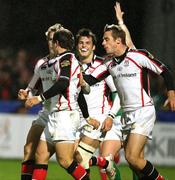 9 November 2007; Ulster's Paddy Wallace celebrates his second try with team-mates Andrew Trimble, far left, Rob Dewey, centre, and Tommy Bowe, right. Heineken Cup, Pool 2, Round 1, Ulster v Gloucester Rugby, Ravenhill, Belfast, Co. Antrim. Picture credit; Oliver McVeigh / SPORTSFILE