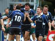 10 November 2007; Leinster's Shane Horgan celebrates with team-mates Felipe Conteponi, 10, and Brian O'Driscoll after scoring a try. Heineken Cup, Pool 6, Round 1, Leinster v Leicester Tigers, RDS, Ballsbridge, Dublin. Picture credit; Ray McManus / SPORTSFILE
