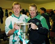11 November 2007; Baltinglass' Sean O'Brien with his father Kevin holding the Miley Cup. Wicklow Senior Football Championship Final Replay, Baltinglass v Rathnew, County Park, Aughrim, Co. Wicklow. Picture credit; Matt Browne / SPORTSFILE