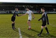 1 February 2015; Referee Alan Nolan shakes hands with Kildare captain Eamon Callaghan before the game, as linesman Noel Mooney, right, looks on. Allianz Football League Division 2 Round 1, Kildare v Down. St Conleth's Park, Newbridge, Co. Kildare. Picture credit: Piaras Ó Mídheach / SPORTSFILE