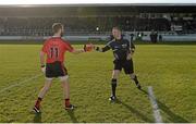 1 February 2015; Referee Alan Nolan shakes hands with Down captain Conor Laverty before the game. Allianz Football League Division 2 Round 1, Kildare v Down. St Conleth's Park, Newbridge, Co. Kildare. Picture credit: Piaras Ó Mídheach / SPORTSFILE