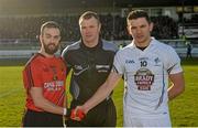 1 February 2015; Referee Alan Nolan with captains Conor Laverty, left, Down, and Eamon Callaghan, Kildare, before the game. Allianz Football League Division 2 Round 1, Kildare v Down. St Conleth's Park, Newbridge, Co. Kildare. Picture credit: Piaras Ó Mídheach / SPORTSFILE