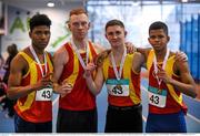 7 February 2015; The Tallaght AC men's 4x200m Relay team, from left, Joseph Ojewumi, Sean Morris, Eoin Doherty and Simon Essuman that won the Men's 4x200m Relay final during the GloHealth National Indoor League Finals. Athlone International Arena, Athlone, Co.Westmeath. Picture credit: Pat Murphy / SPORTSFILE