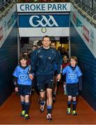 7 February 2015; Nine year old Finn, nine years, and his brother Luke Byrne, left, 11, with the Dublin captain Denis Bastick before the game. Allianz Football League, Division 1 Round 2, Dublin v Donegal, Croke Park, Dublin. Picture credit: Ray McManus / SPORTSFILE